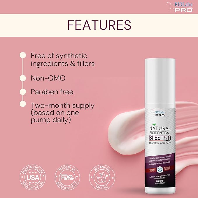 BIOLABS PRO Estro Cream BiEST 5.0 - Bioidentical Max Strength Solution - 5mg Per Pump - Two Month Supply - 3oz