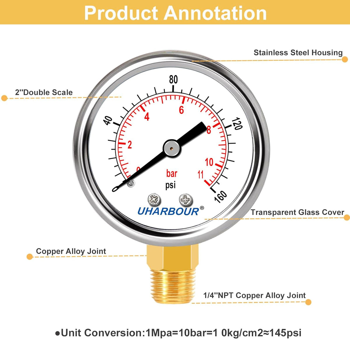 Lead-Free Pressure Gauge 0-160psi 1/4" NPT Lower Mount 2" Dial Stainless Steel Case, Pressure Gauge for Water Air RV