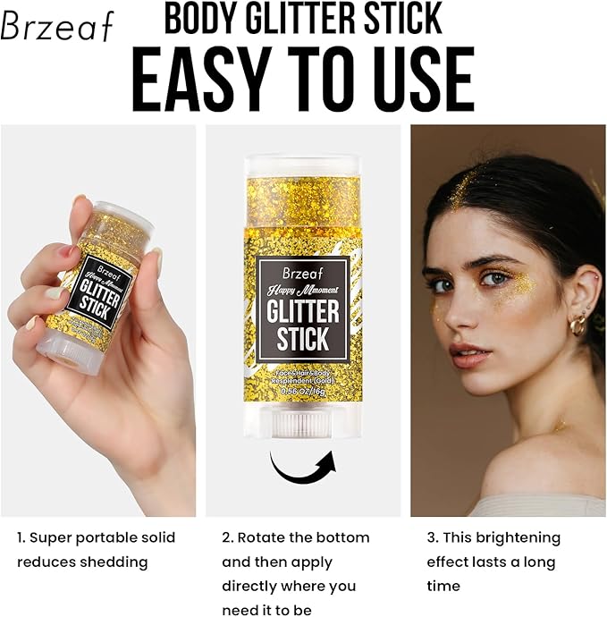 Brzeaf Waterproof Gold Glitter Stick, Face Glitter Makeup, Shimmery & Long Lasting, Chunky Glitter for Face/Body/Hair/Eyes/Lip, Singer Concert Music Halloween Christmas Rave Festival