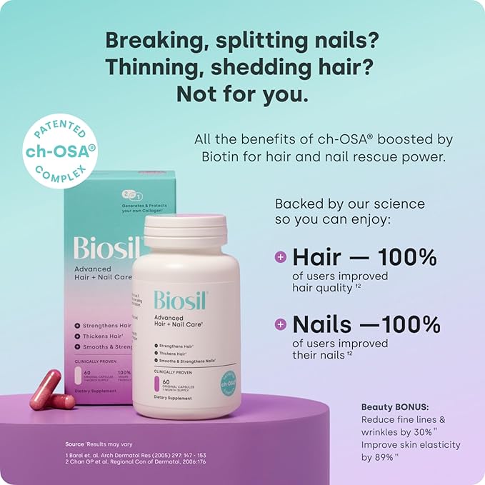 Biosil Advanced Hair + Nail Care - Growth Vitamins for Women - Strengthen & Thicken Strands - 60 Capsules - Patented ch-OSA - 30-Day Supply