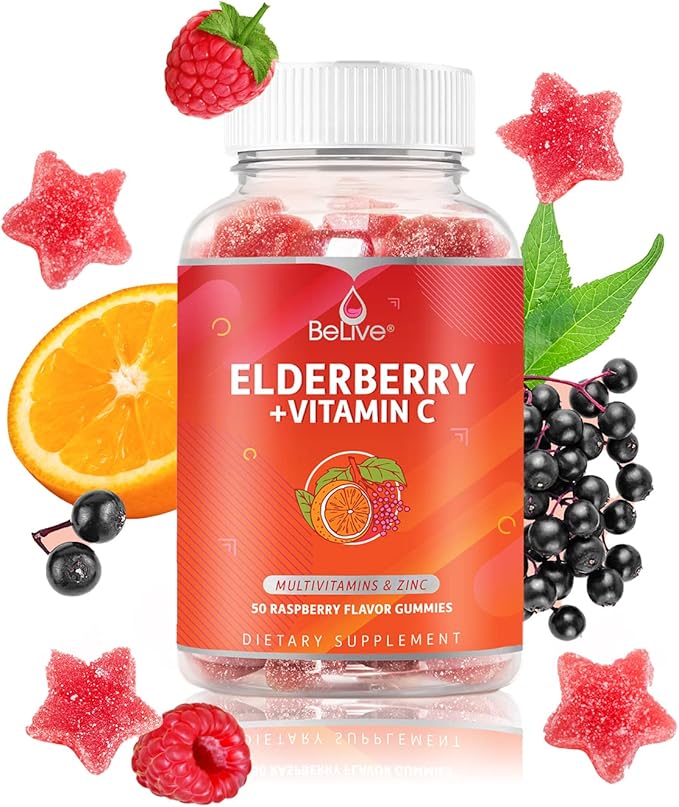 BeLive Elderberry Gummies with Zinc and Vitamin C, D, A, E, B12-50 Ct I Immune Support Supplement for Healthy Bones & Teeth, Vegan, Keto & Non-GMO - Raspberry Flavor
