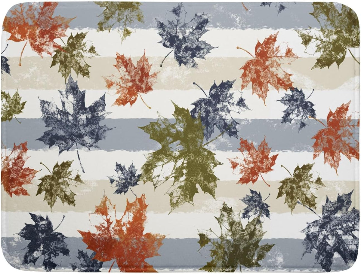 Autumn Colorful Maple Leaves Dish Drying Mat for Kitchen Counter,Blue and White Stripe Drying Mat 18 x 24 Inch with Absorbent Reversible Microfiber Dish Drying Pad Dish Rack Drainer Mat for Coffee Bar