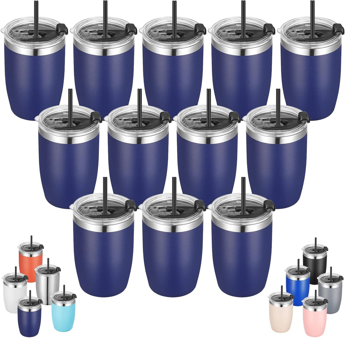 VEGOND Stainless Steel 12 oz Tumblers bulk Vacuum Insulated Double Wall Travel Tumbler with Lid and Straw Reusable Tumbler,Navy Blue 12 pack