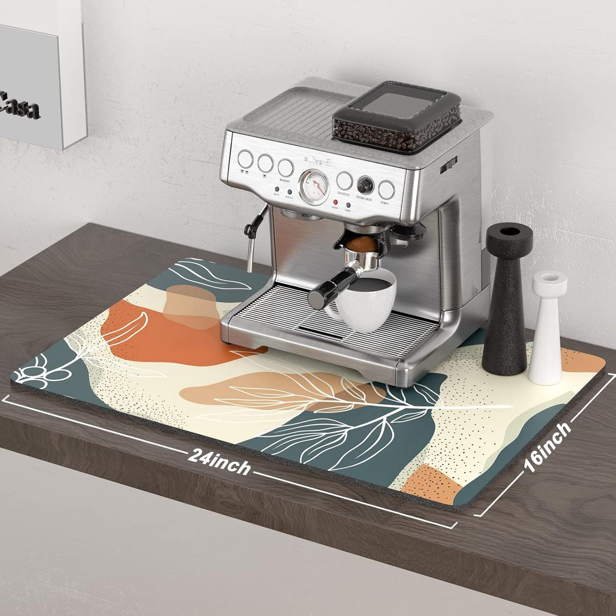 Rnivvi Coffee Mat, 16" x 24" Cute Boho Theme Coffee Bar Mats for Espresso Machine Station Accessories and Organizer, Hide Stain Rubber Backed Absorbent Dish Drying Pad for Kitchen Counter, Leaves