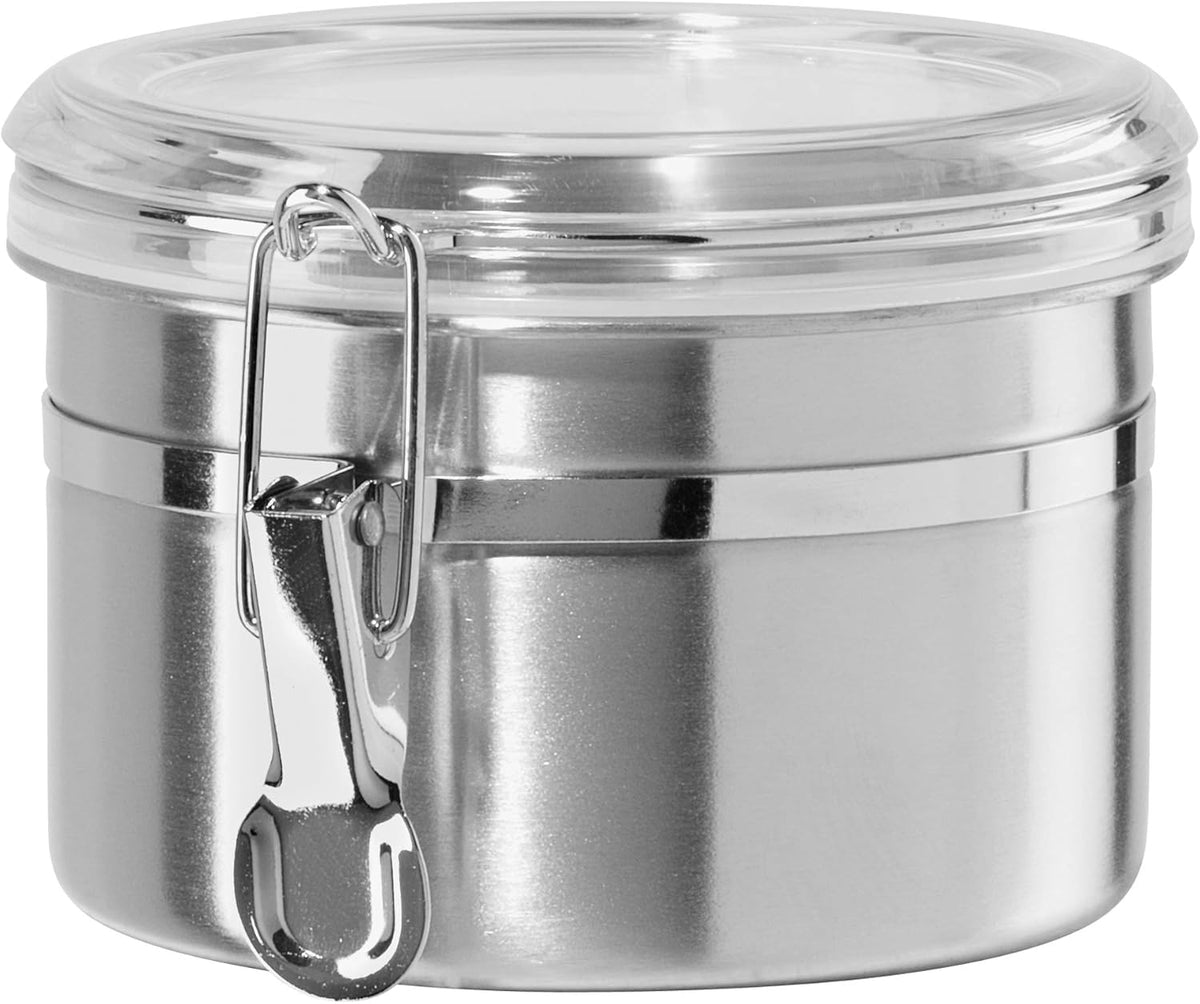 OGGI Stainless Steel Kitchen Canister 26 fl oz - Airtight Clamp Lid, Clear See-Thru Top - Ideal for Kitchen Storage, Food Storage, Pantry Storage. Size 5" x 3.5".