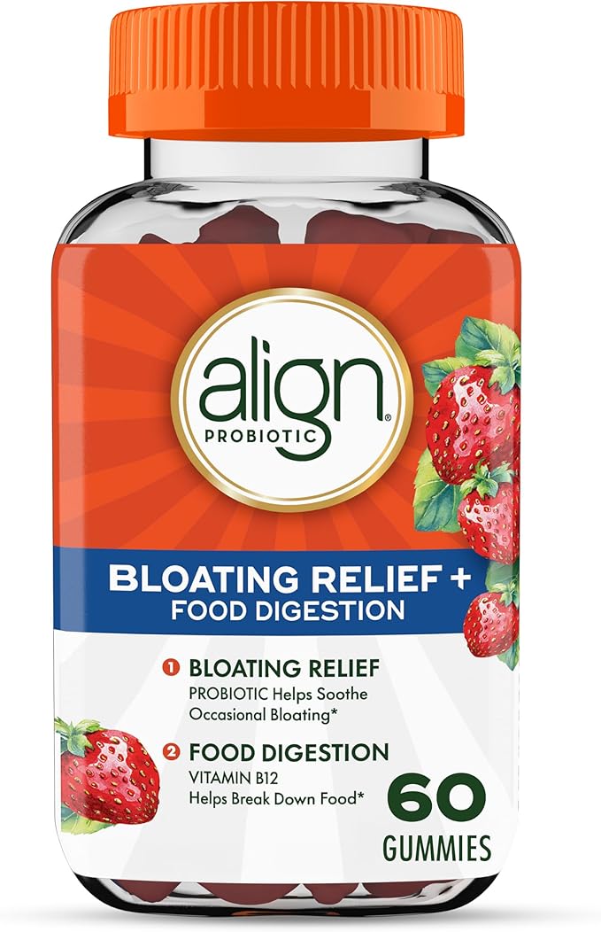 Align Probiotic, Bloating Relief + Food Digestion, Probiotics for Women and Men, Probiotic Helps Soothe Occasional Bloating*, With Vitamin B12 to Help Break Down Food into Cellular Energy*,60 Gummies