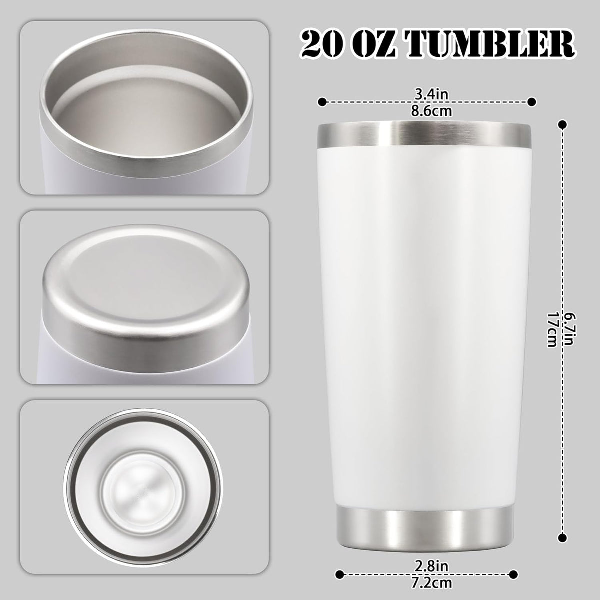 20 oz Tumbler with lid Double Wall Vacuum Insulated Tumblers Stainless Steel Coffee Mug Travel Coffee Tumbler Powder Coated Tumbler Cup Keep Hot&Cold - (White 12 Pack)
