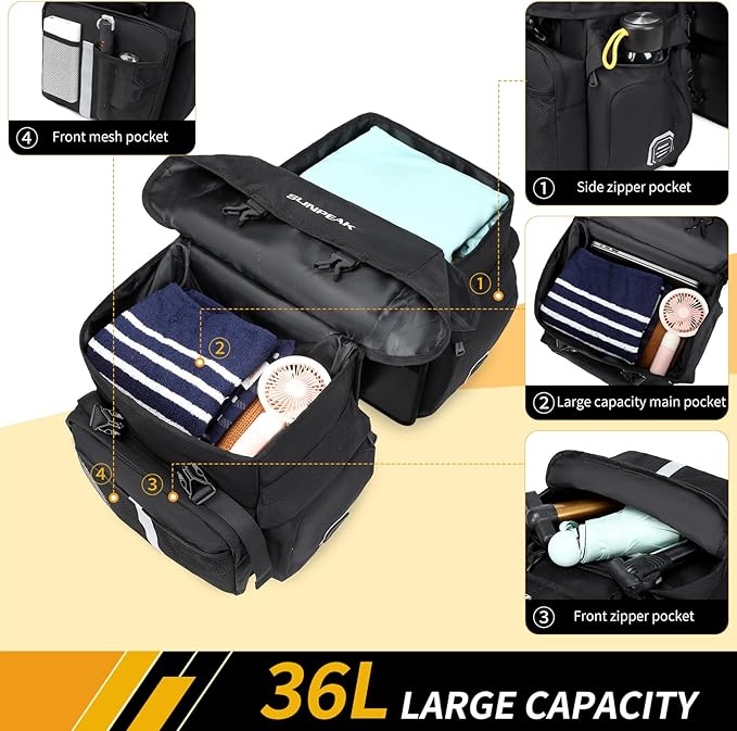 Bike Bag Accessories Panniers for Bicycle Rear Rack Bag 45L Waterproof Mountain Electric Bike Saddle Bag for Cycling Traveling Commuting Black