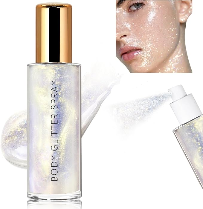 Body Glitter Spray, Moisturizing Bronze Body Shimmer Luminizer Glow Illuminator Quick-Drying and Non-Sticky Liquid Highlighter Spray for Face Hair Glitter, 60ML -Silver