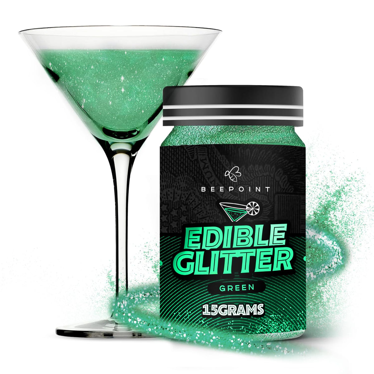 BeePoint Green Edible Glitter for Drinks 15g - Food Grade, Vibrant Color Shimmer Powdered Dust for Drinks, Cocktails, Cake Decorating, Baking, Chocolates, Candy, Sweets, & Cookies - Vegan & Gluten Free
