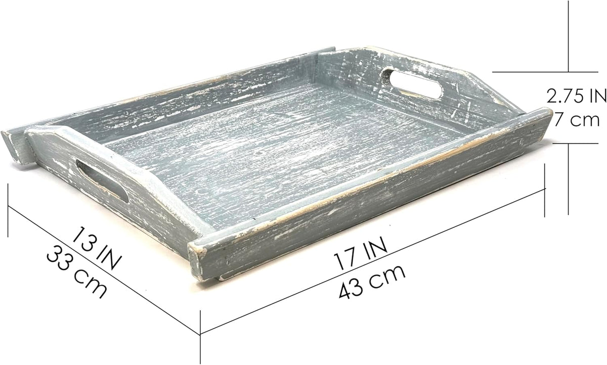 Allgala Wooden Tray 17""x13""x2"" Boat Style Vintage Grey Stylish Rustic Farmhouse Decor Serving Platter | Wooden Ottamen Tray | Coffee Table Tray I Bed Tray, Gray