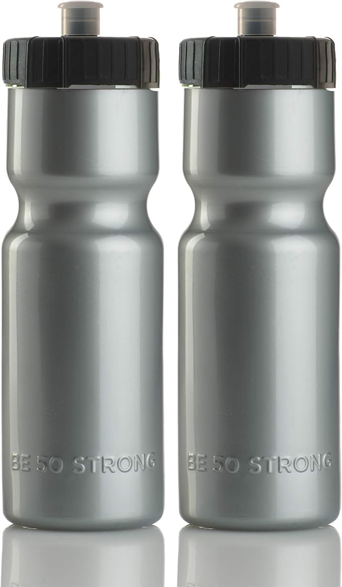 Bike Water Bottle Holder & Bottle Combo – 2-Pack 22 oz Sports Squeeze Bottles with Pull Top Cap & Easy-Install Bike Cage – Made in USA – 50 Strong Brand