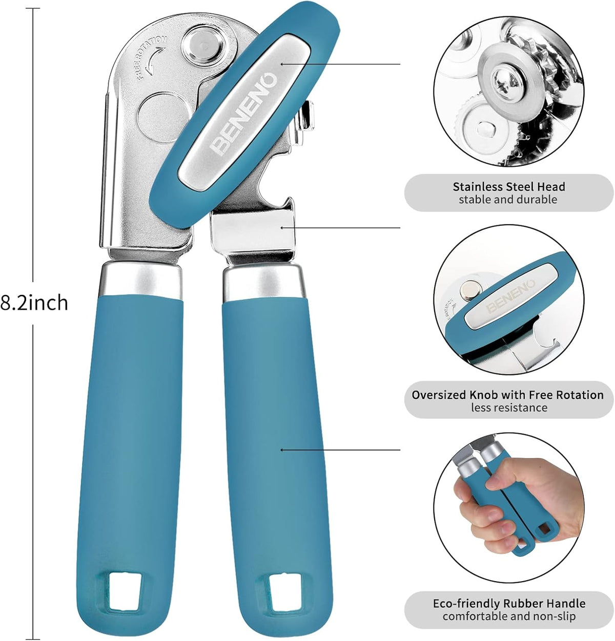 Beneno Can Opener Manual with Magnet, Hand Held Heavy Duty Can Opener with Durable Sharp Blade Smooth Edge, Big Effort-Saving Knob, Soft Grip Rubber Handle, Multifunctional Bottle Opener, Aqua