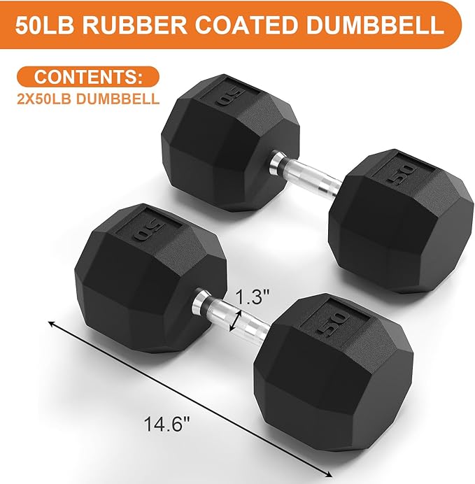 Rubber Coated Hex Dumbbell Weight Set, Multiple Sizes Exercise & Fitness Dumbbells,100LB Set,110LB Set,200LB,350LB,450LB,550LB, 35-50Lbs Pairs for Muscle Toning, Strength Building & Full Body Workout