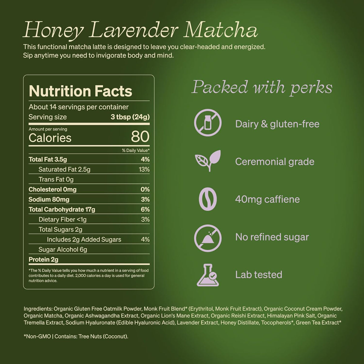 Clevr Blends Organic Honey Lavender Matcha SuperLatte, Instant Ceremonial Grade, Superfood Powder Blend, Oat Milk, Lion Mane, Reishi Mushroom, Coconut Cream, Ashwagandha, Serve Hot or Iced (14 Lattes)