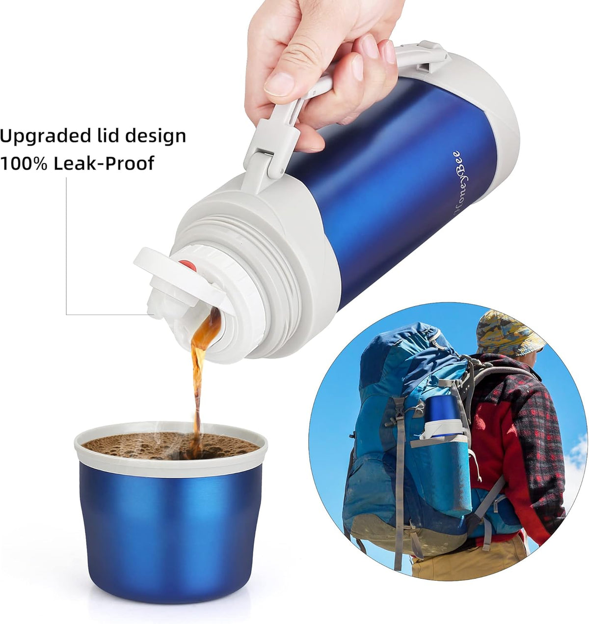 HoneyBee Hot Drinks Keeps Liquid Hot or Cold for Up to 24 Hours Thermos 41 Ounce Coffee Thermos 18/8 Stainless Steel Bpa-Free Insulated Flask，Flask for Hot Water (Blue)