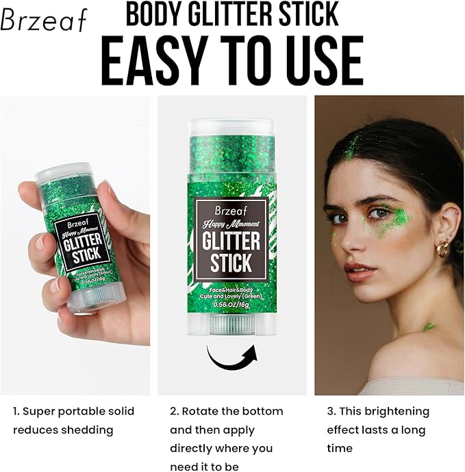 Brzeaf Waterproof Green Body Glitter Stick, Chunky Glitter for Face/Body/Hair/Eyes/Lip, Singer Concert Music Halloween Rave Festival, Glitter Stick Makeup & Face Glitter Gel for Women Men 0.56 OZ