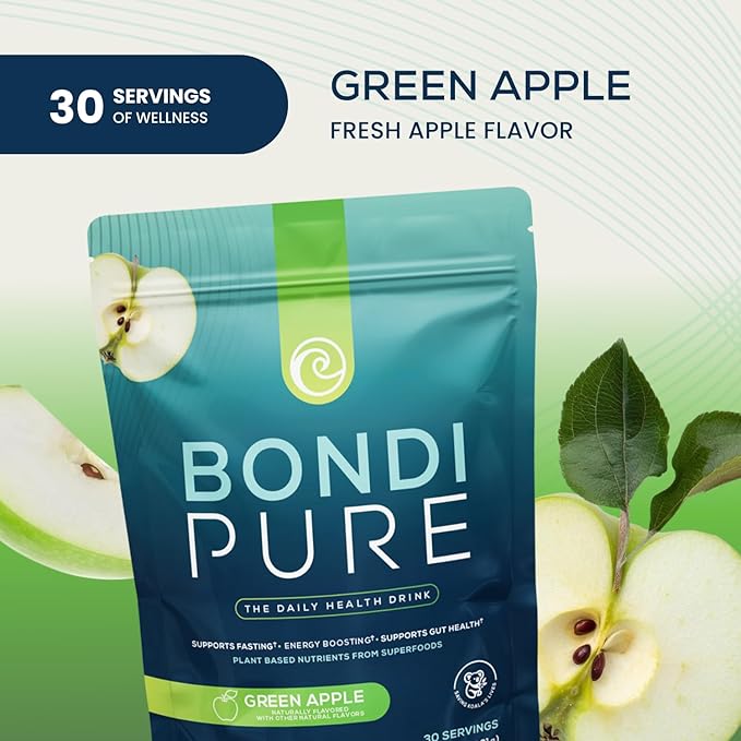 Bondi Pure - Daily Health & Detox Drink - Promote Gut Health & Energy Support During a Cleanse or Intermittent Fasting - Plant-Based Fibers, Alkalizing Super Greens - Green Apple (2-Pack)