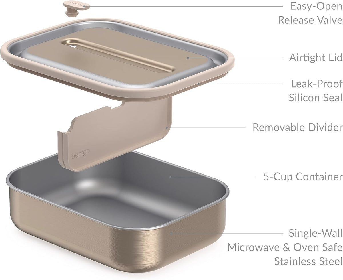 Bentgo MicroSteel Leak-Proof Lunch Box - Microwave-Safe, Oven-Safe, Bento-Style Container with Removable Divider, Airtight Lid, Sustainable Design, Odor & Stain Resistant (Gold)