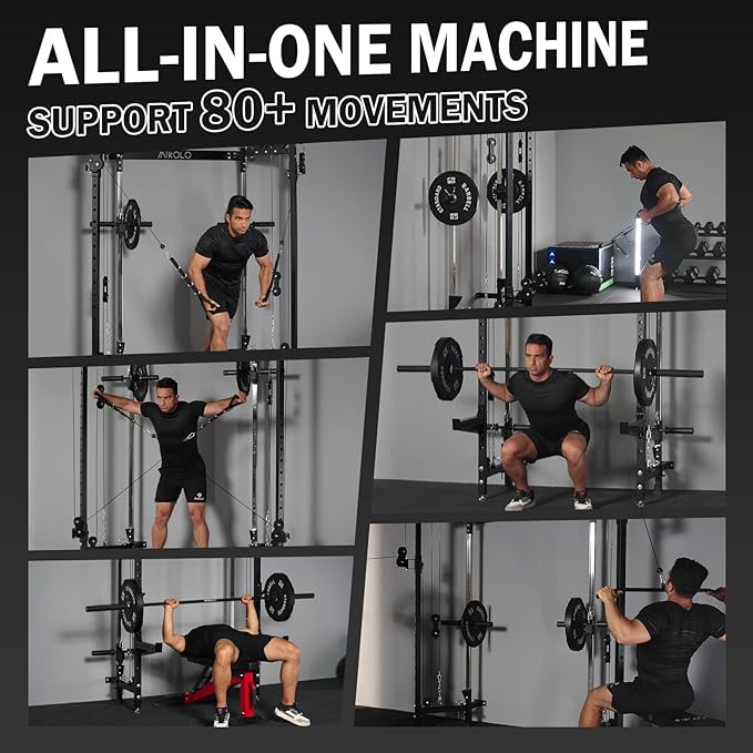 Mikolo Folding Squat Rack, Wall Mounted Power Rack with Cable Crossover Machine & LAT Pull Down, Functional Trainer with 5 Adjustable Function Modes, for Home Gym and Space Saving