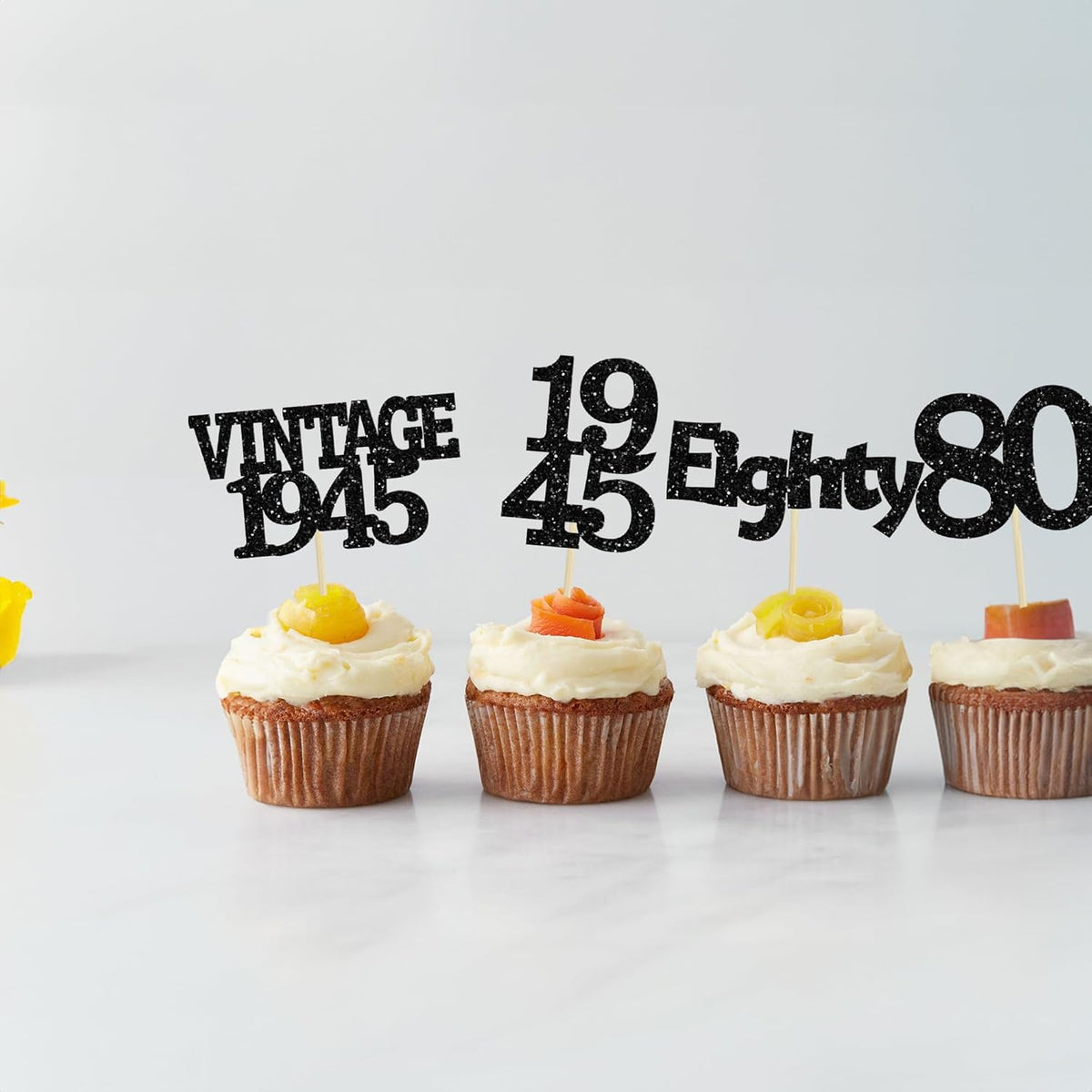 Gyufise 24Pcs Vintage 1945 Cupcake Toppers Glitter Cheers to 80 Fabulous Eighty Cupcake Picks 80th Birthday Wedding Anniversary Party Cake Decorations Supplies Black