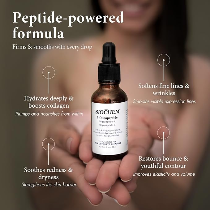 BIOCHEM 8-Oligopeptide Anti-Aging Face Ampoule – 30ml /1fl For Mature Skin – Hydrating Serum with NaPCA, Hyaluronic Acid for Wrinkle & Age Spots – Formula Firms, Lifts, Smooths– For All Skin Types