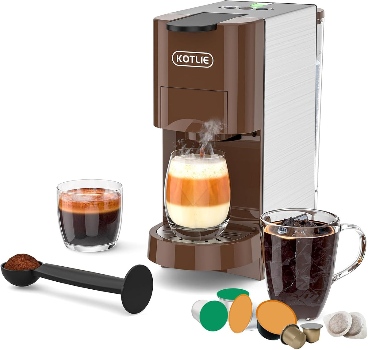 KOTLIE 5in1 Espresso Machine, Single Serve Coffee Maker for NES* Original/KEU* K*cup/D*olce G*usto/Ground Coffee/illy 44mm ESE, Cold&Hot Brew, Level 7 watervolume, 19Bar, 1450W Coffee Machine