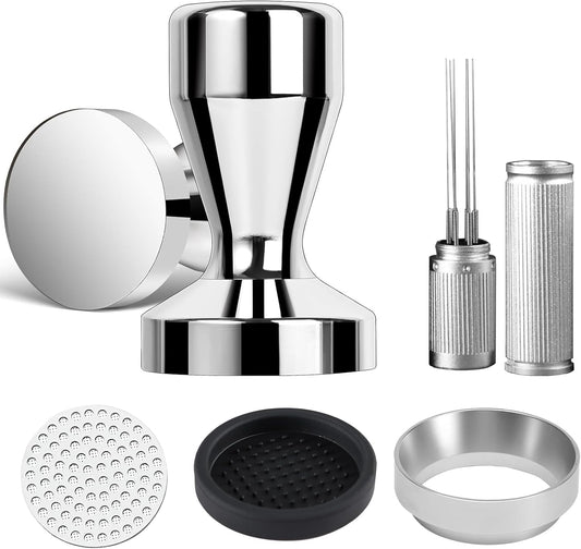 58mm Espresso Accessories Kit,Wdt Tool Espresso,Solid Espresso Tamper,Dosing Funnel and Coffee Puck Screen,Silicone Tamper Mat,0.4mm Stainless Steel 6pin Espresso Stirrer,Barista Tools Espresso Kit