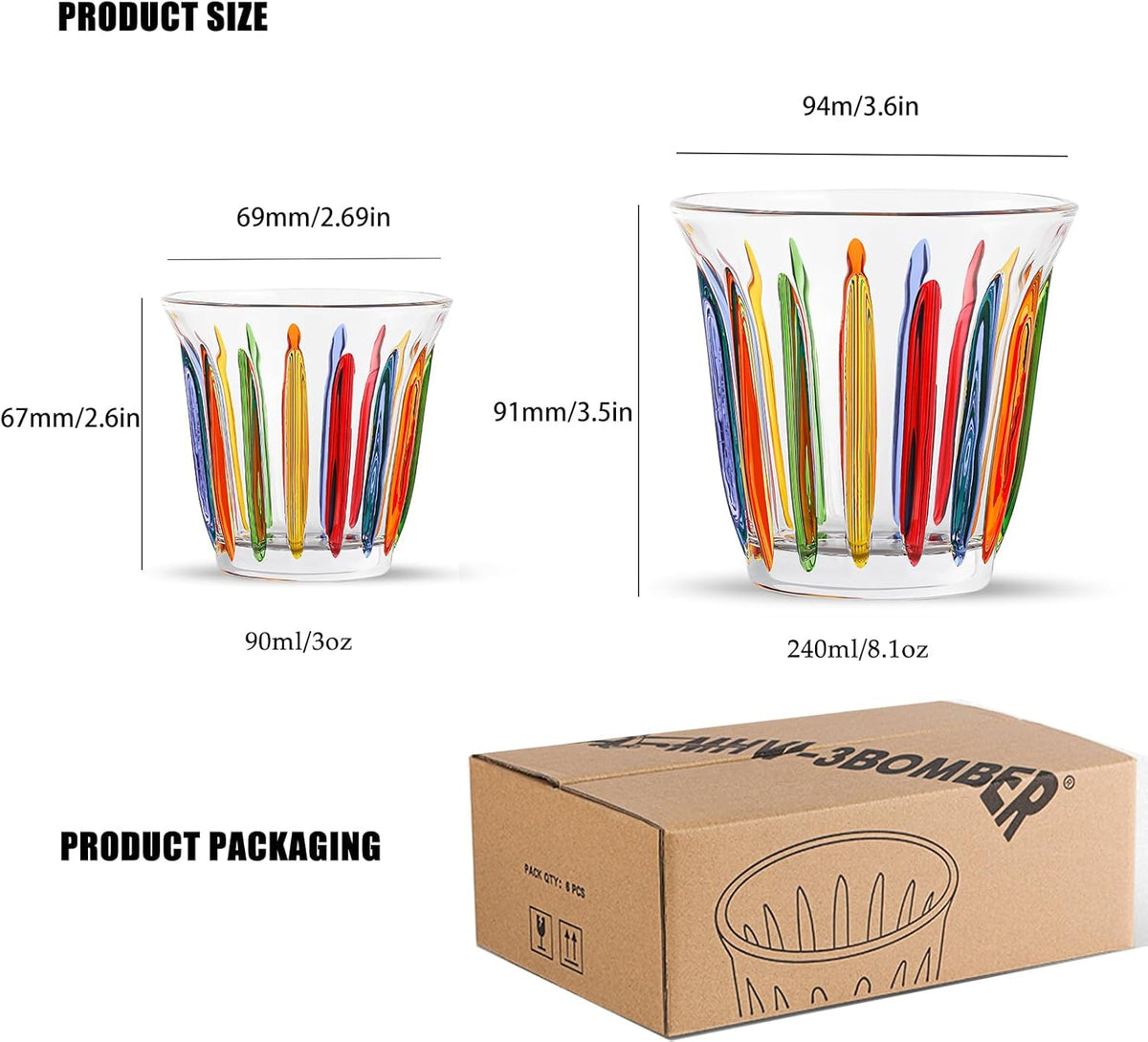 MHW-3BOMBER Shot Glasses Set of 6 Small Glass Cups 3OZ Colored Painted Latte Glasses for Espresso, Whiskey, Vodka, Spirits & Liquors G6191-OS