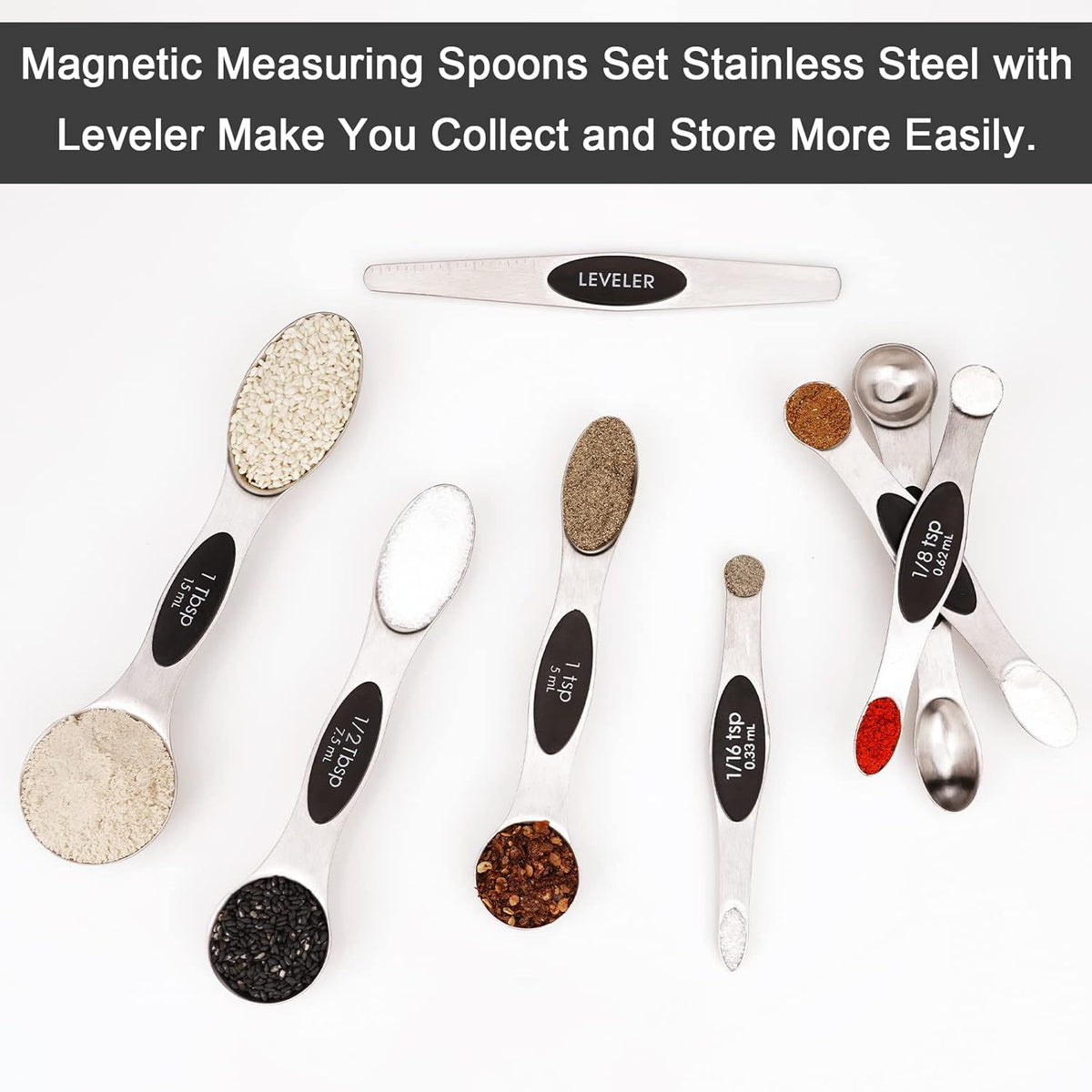 Aovchei 8 PCS Magnetic Measuring Spoons Set, Dual Sided, Stainless Steel Small Tablespoon, Teaspoons, Fits in Spice Jars, for Dry and Liquid, Black