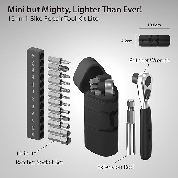 BONE Bike Portable Tool Kit Lite, 12-in-1 Mini Bicycle Repair Capsule, Scratch-Free & Waterproof Silicone Bag for Emergency Maintenance, Cycling Accessory with Ratchet Wrench for Biking & Home Repair