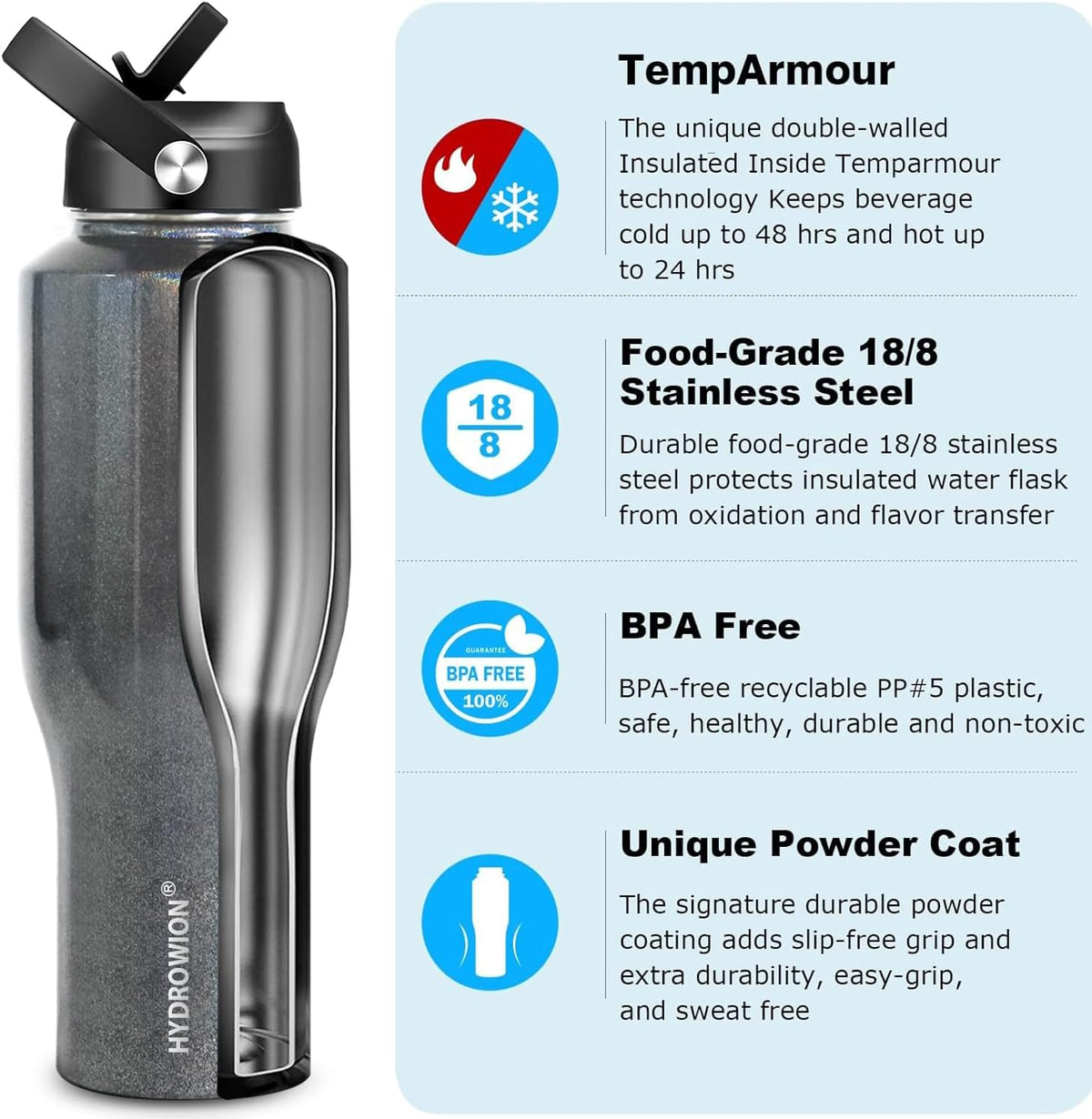 HYDROWION Water Bottle Stainless Steel,Vacuum Insulated Leak Proof Tumbler 32oz with Straw Lid, Spout Lid and Flex Cap(Cold for 48 Hrs, Hot for 24 Hrs), Fit in Any Car Cup Holder, Laser Grey