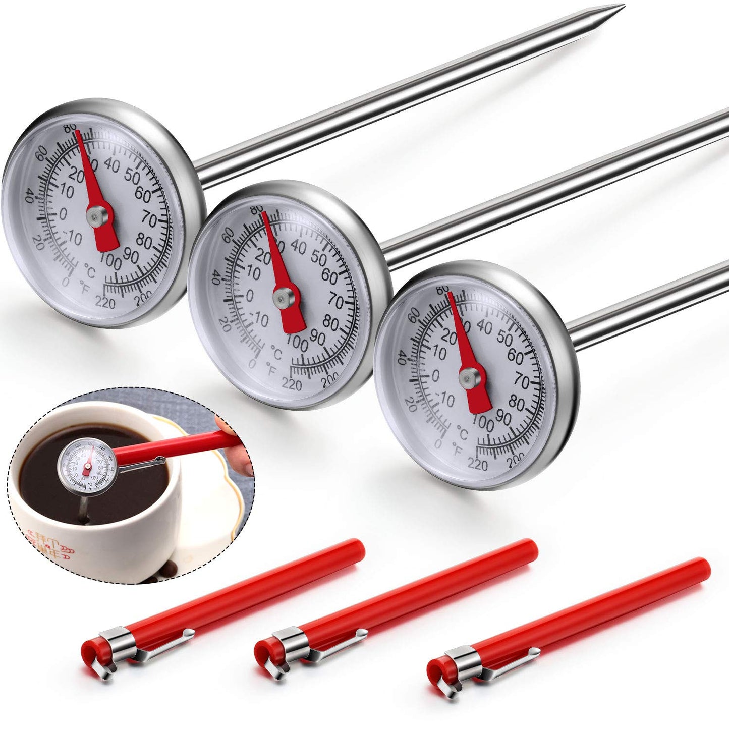 Frienda 3 Pcs Instant Read 1 Inch Dial Thermometer Pocket Food Thermometer with 3 Pcs Calibration Sleeves for Coffee Drinks Chocolate Milk Foam