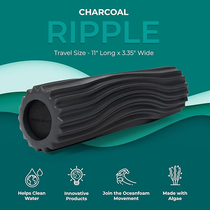 Oceanfoam Ripple Travel Foam Roller (11" x 3.35") Firm Mini Foam Roller for Physical Therapy, Deep Tissue Massage, Back Pain - High Density, Ergonomic Wave Textured, Yoga, Pilates, Exercise (Charcoal)