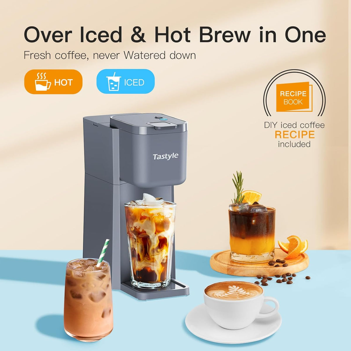 Mini Hot and Iced Coffee Maker Single Serve, for K Cup and Ground, 6 to 14 Oz Brew Sizes, with Recipe Book, for Home, Travel, RV, Office and Dorm, Elegant Gray