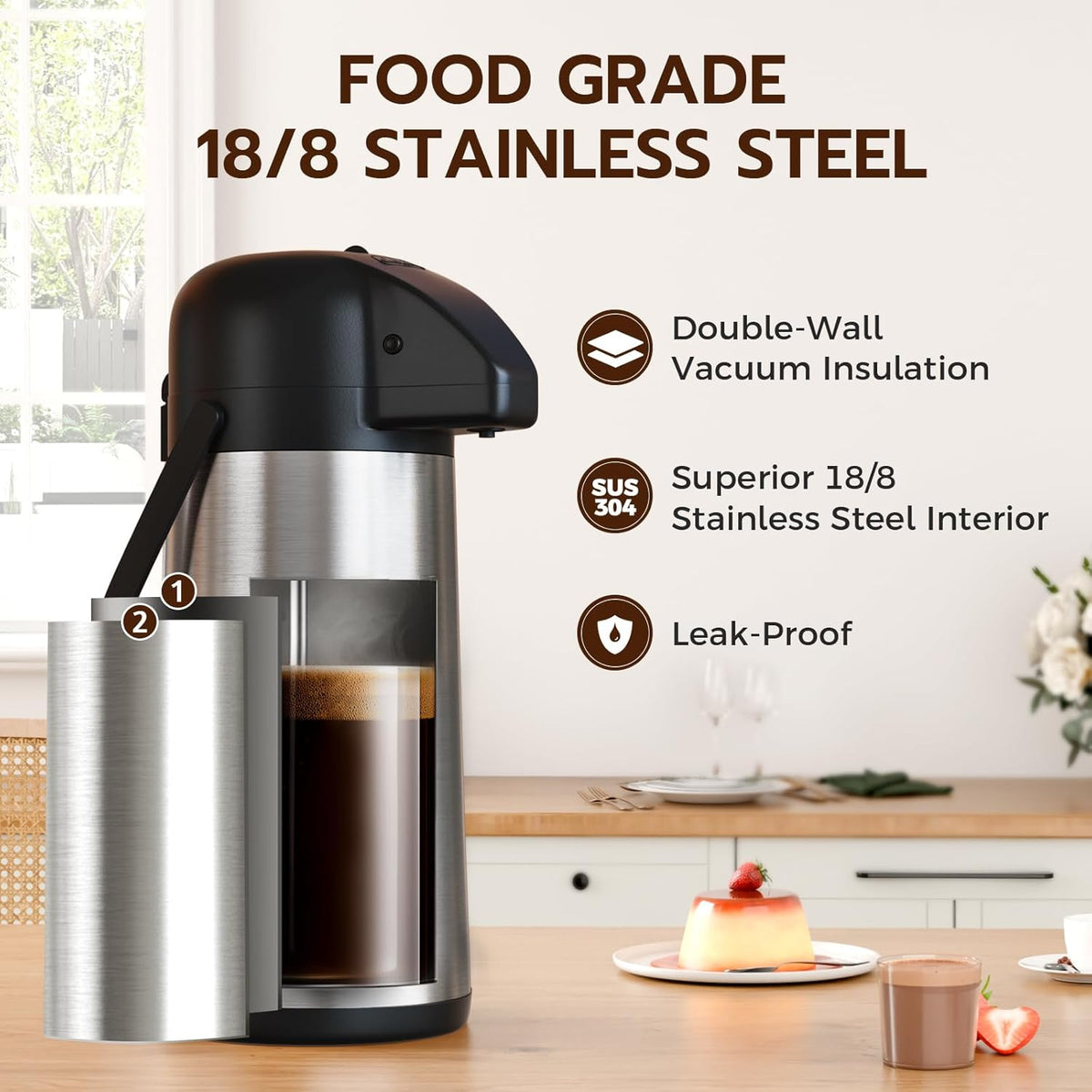 Coffee Carafe for Keeping Hot - 102OZ / 3L Airpot Coffee Dispenser with Pump - Large Coffee Thermos for Hot Drinks Tea Liquid - Insulated Stainless Steel Hot Water Beverage Dispenser Urn for Parties