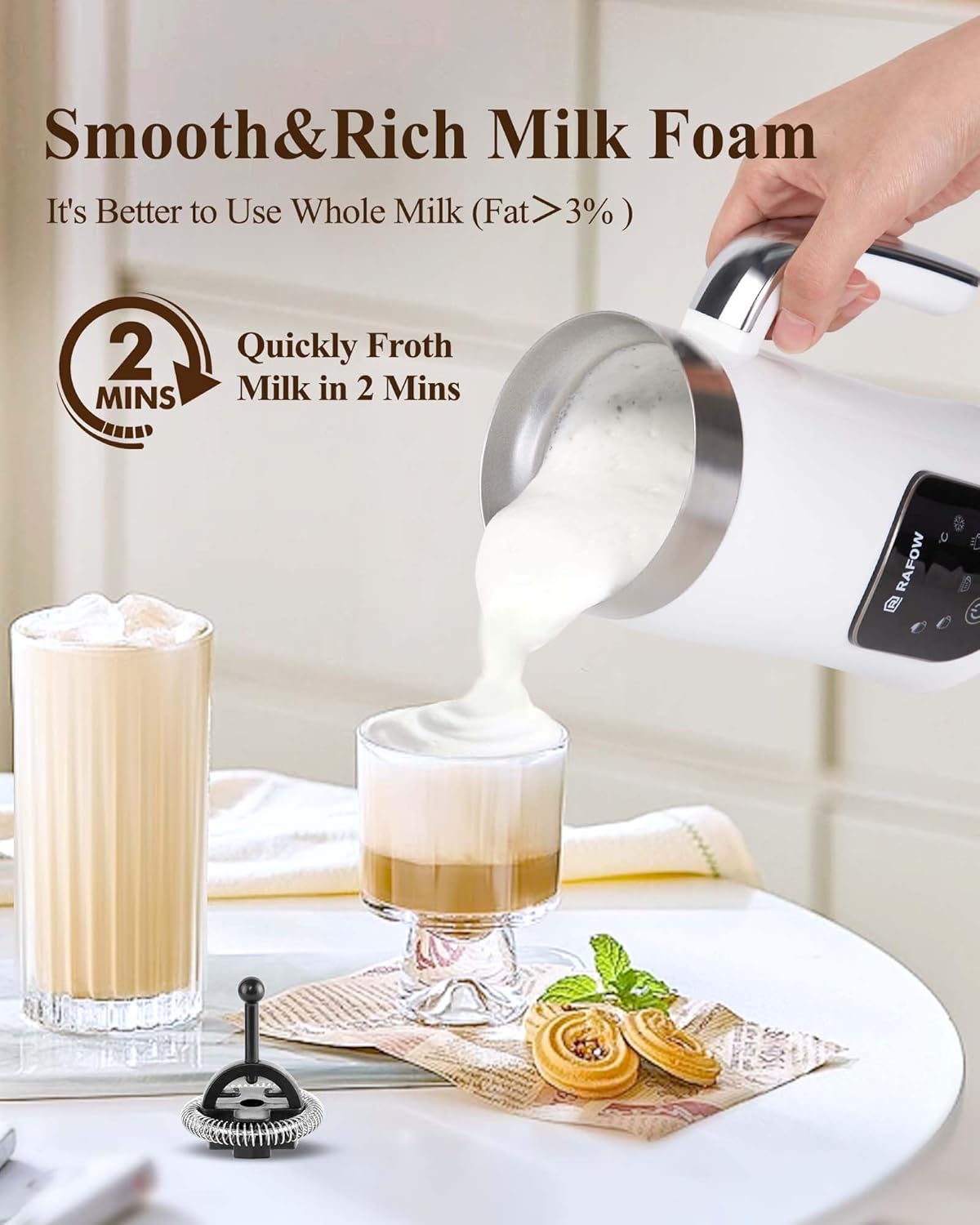 5-in-1 Milk Frother and Steamer - Upgraded Automatic Milk Steamer 11.8oz Hot & Cold Foam Maker and Milk Warmer with LED Display Touch Screen & Two Whisks for Latte,Cappuccinos,Silent Working