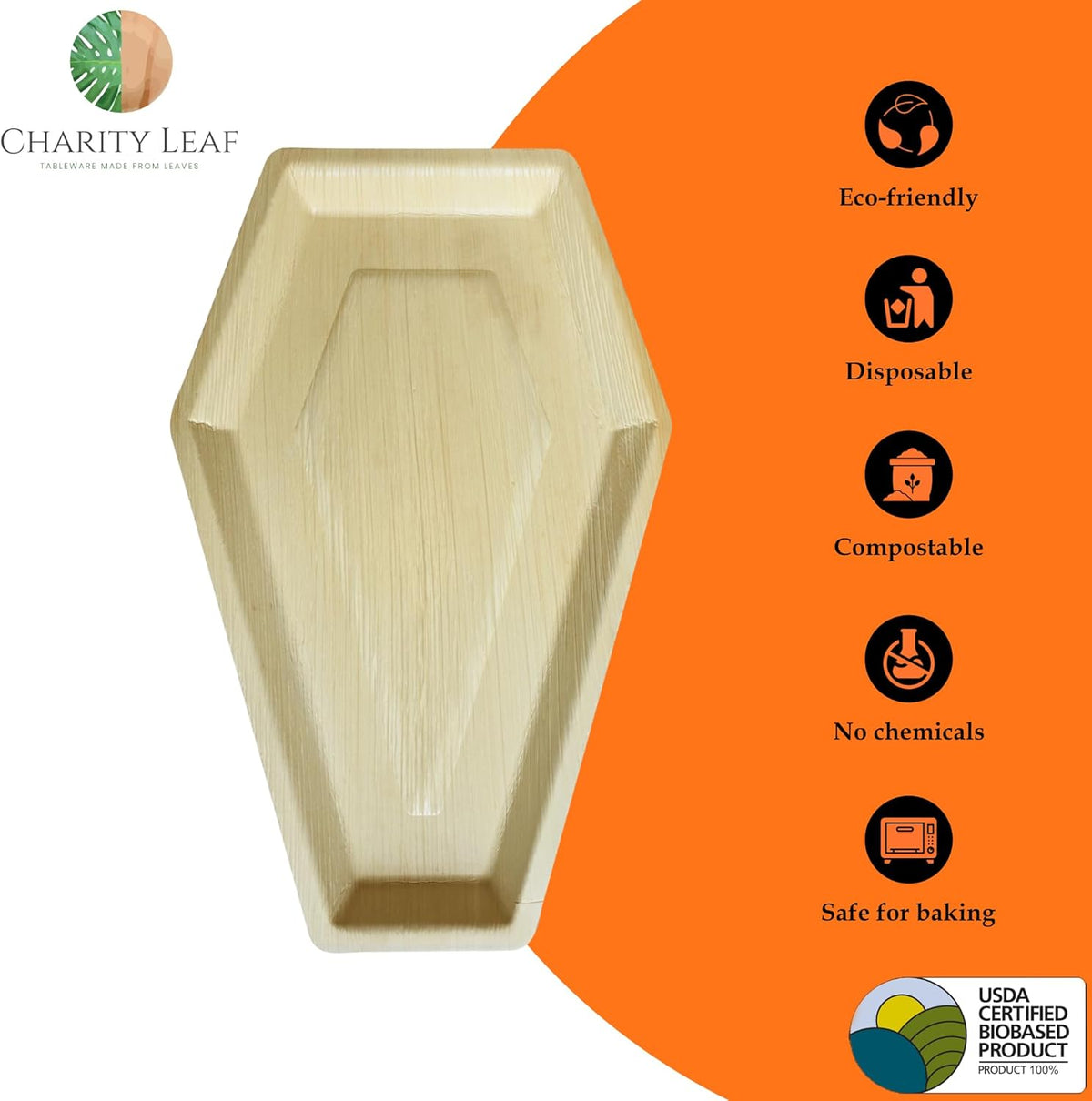 Charity Leaf Disposable Palm Leaf 17"x11" Coffin Trays (25 Pieces) Bamboo Like Serving Platters, Disposable Boards, Eco-Friendly Dinnerware for Christmas, Weddings, Catering, Events