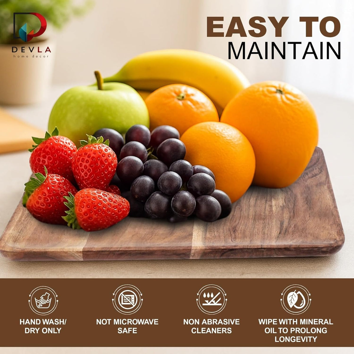 DEVLA Square Acacia Wood Plates, 11 Inch, Set of 2, Wooden Serving Trays for Meals and Snacks