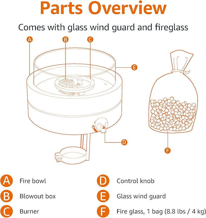 Amazon Basics 14-Inch Round Propane Fire Pit, 9000 BTU Portable Tabletop Fireplace with Glass Stones, Umbrella Hole Compatible for Outdoor Patio Tables & Camping, Brown