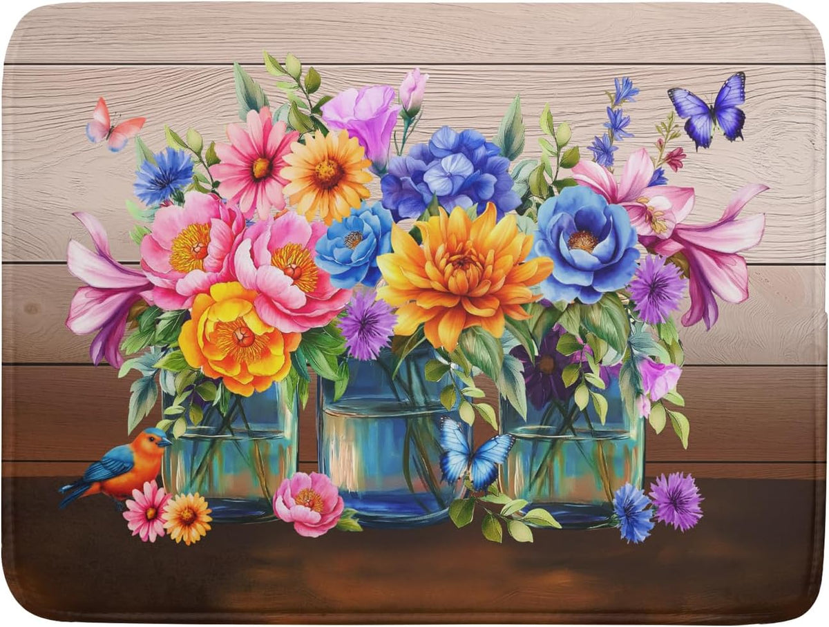 Spring Flowers Dish Drying Mat for Kitchen Counter 18x24in Vintage Plants Colorful Floral Kitchen Drying Mat Soft Absorbent Microfiber Farmhouse Flowers Dish Drainer Rack Mats for Kitchen Countertops