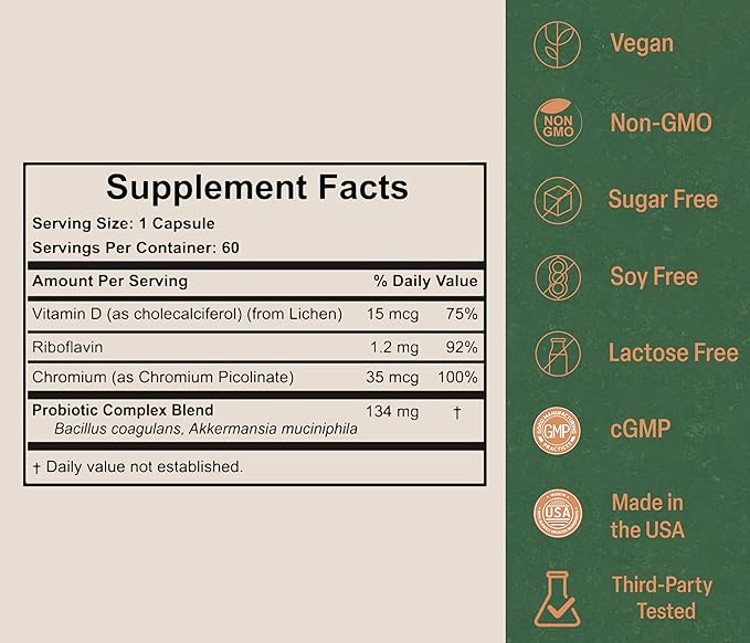 Akkermansia Probiotic for Appetite & Craving Control | Increases GLP-1 & Boosts Healthy Weight | 120 Day Supply | Made in USA | Bacillus Coagulans, B2, D3 & Chromium |SIBO Friendly, Vegan, Gluten Free