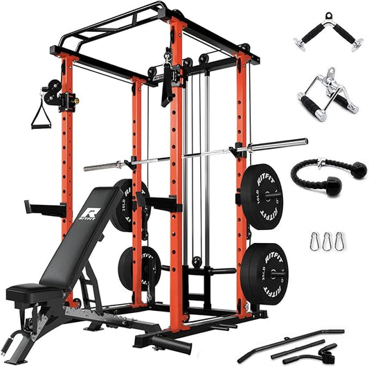 RitFit Multi-Function Squat Rack Power Cage PPC03 with Cable Crossover System, 1000LBS Capacity Power Rack and Packages with Optional Weight Bench, Barbell Weight Set, for Garage Workout & Home Gym