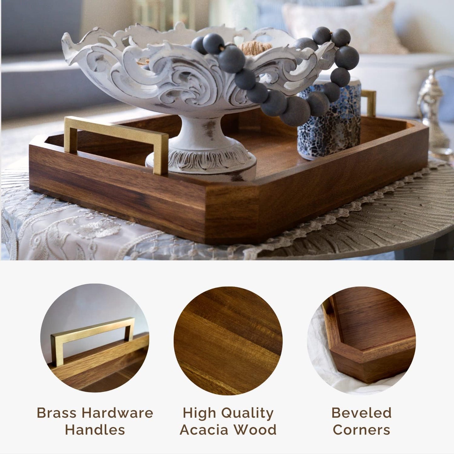 Decorative Acacia Wood Ottoman Tray - Coffee Table Tray - Breakfast, Party, Drinks, Snack, Liquor Serving Platter - Farmhouse to Modern - Brass Handles (Varnish)