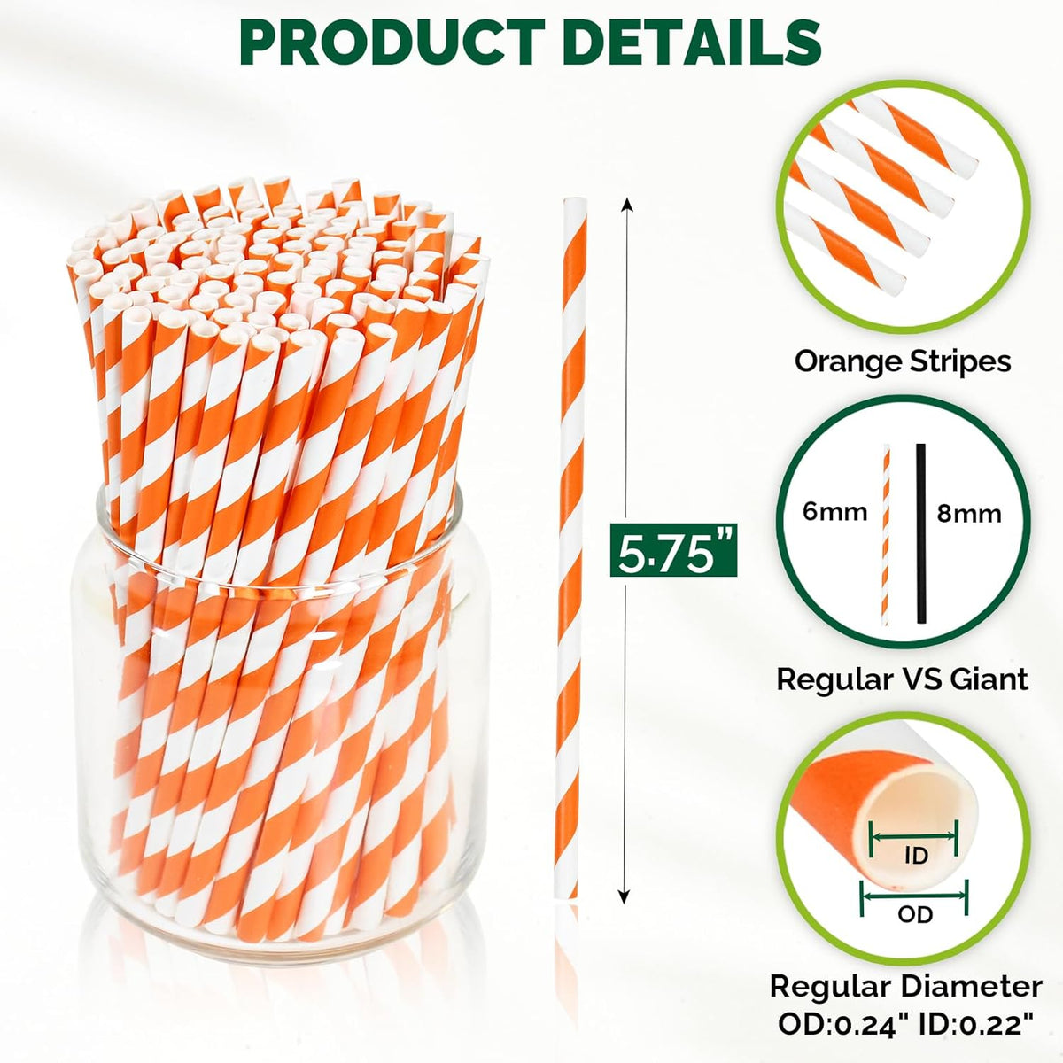 5.75 inch Orange Paper Cocktail Straws, Short Disposable Drinking Straws 500 Counts, Unwrapped - Compostable