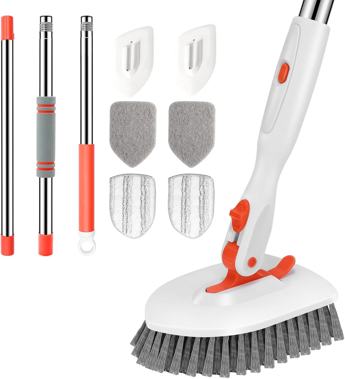 SetSail Floor Scrub Brush, 3-In-1 Tile Tub Floor Scrubber with 52-inch Adjustable Long Handle Shower Cleaner Brush and 4 Detachable Replacement Brush Heads for Cleaning Bathroom Kitchen Walls Tub Tile