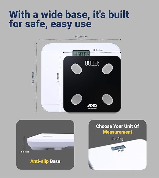 A&D Medical Digital Body Weight Scale, UC-356BLE Bluetooth Bathroom Weight Machine, UltraWide Platform and Large Display, Syncs with A&D App,550lb (249kg), Batteries Included, White