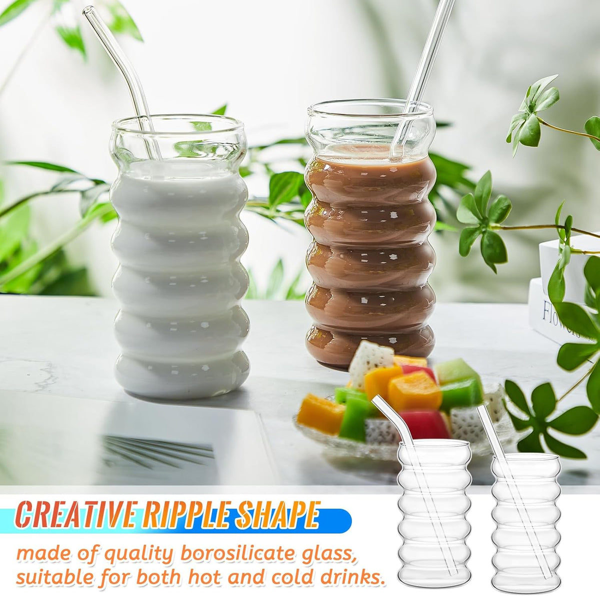 Tessco for you 4 Pcs Creative Glass Cups Vintage Drinking Glasses Ribbed Glassware Aesthetic Cup Entertainment Dinnerware Glassware with Straws Set for Kitchen Coffee Beverage(16 oz,Clear)
