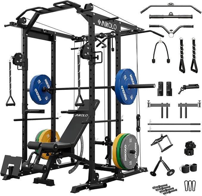 Mikolo Power Cage, Power Rack with Cable Crossover System, 1500LBS Squat Rack with LAT Pull Down System, Workout Cage with Pulley System for Fitness Home Gym