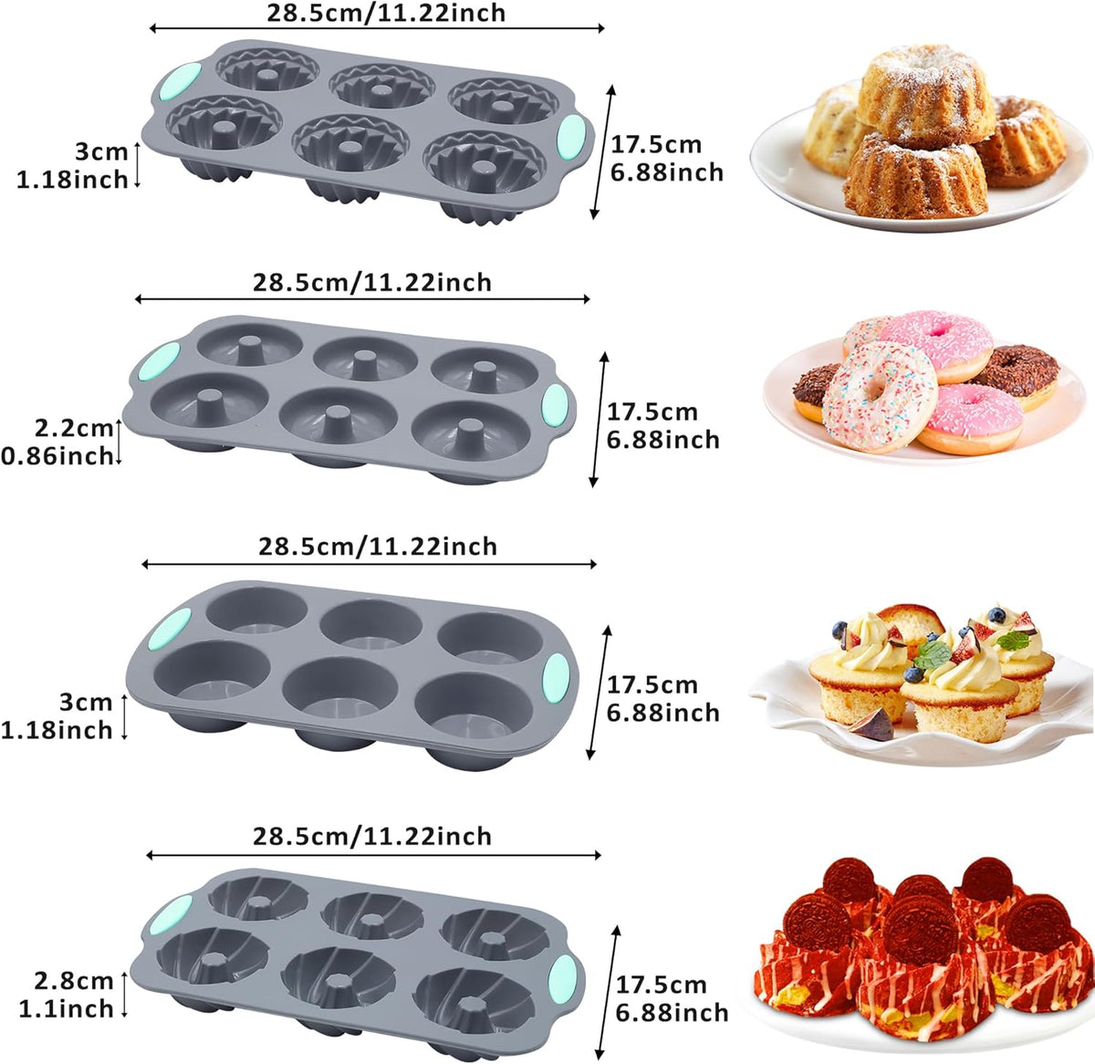 Tongjude 8 Pieces Silicone Donut Pans, Nonstick Silicone Muffin Pans, Heat Resistant Kitchen Oven Baking Cups, Dishwasher Safe and Microwave Safe, Grey
